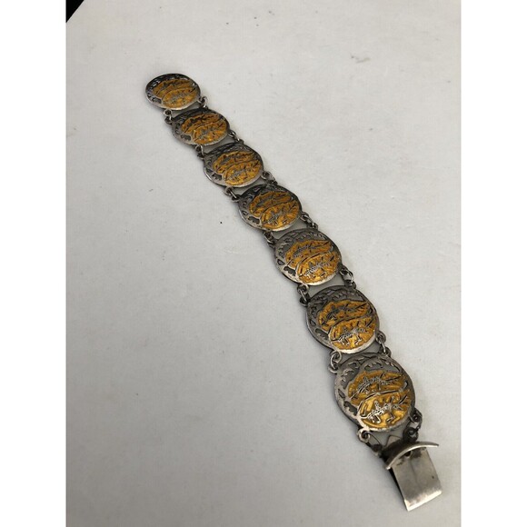 Vintage Siam Sterling Silver & Enamel Links Bracelet, Signed 6.5” 18 Grams - Picture 9 of 11